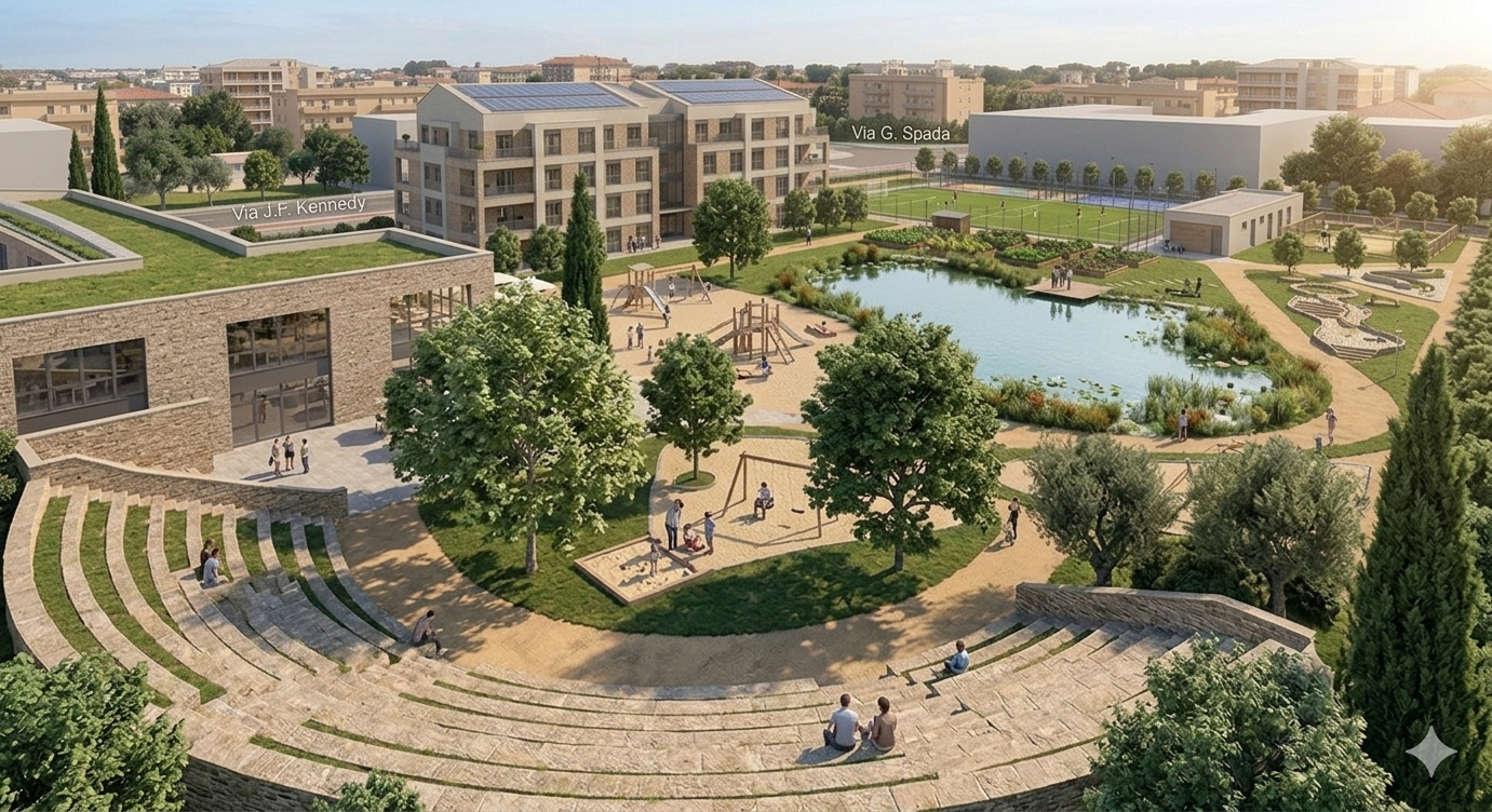 Vista dalla cavea con spogliatoi e alberature